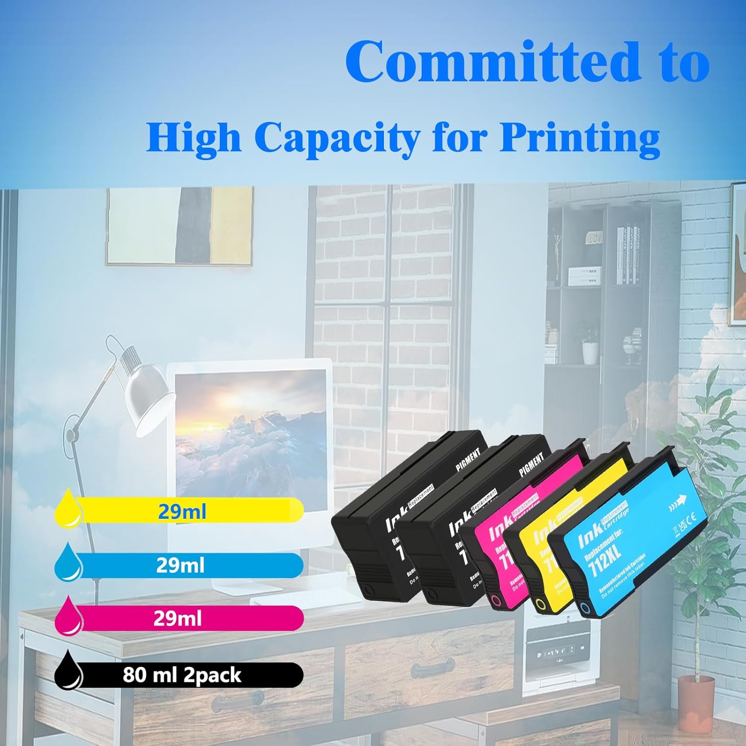 5-Pack 712 712XL Ink Cartridges Compatible with DesignJet T650 T630 T250 T230 T210 Printer Ink.80-ml 29-ml(2 Black 1 Cyan 1 Magenta 1 Yellow)