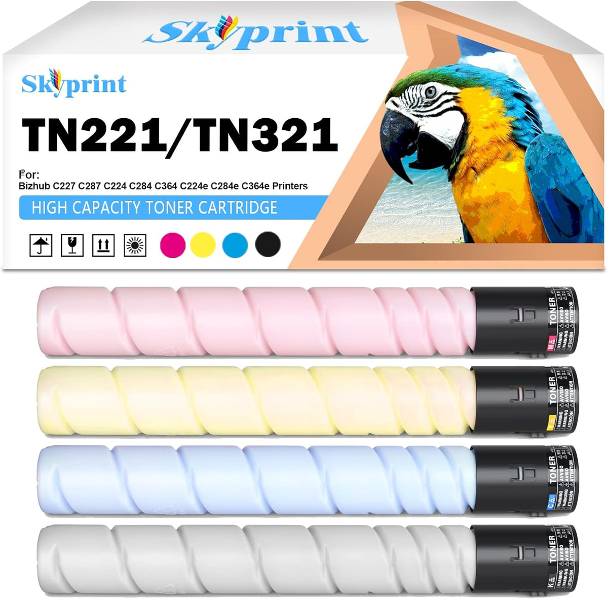 4-Pack TN221 TN-221 TN321 TN-321 Toner Cartridge Black Cyan Magenta Yellow Replacement for Konica Minolta Bizhub C227 C287 C224 C284 C364 C224e C284e C364e Printers