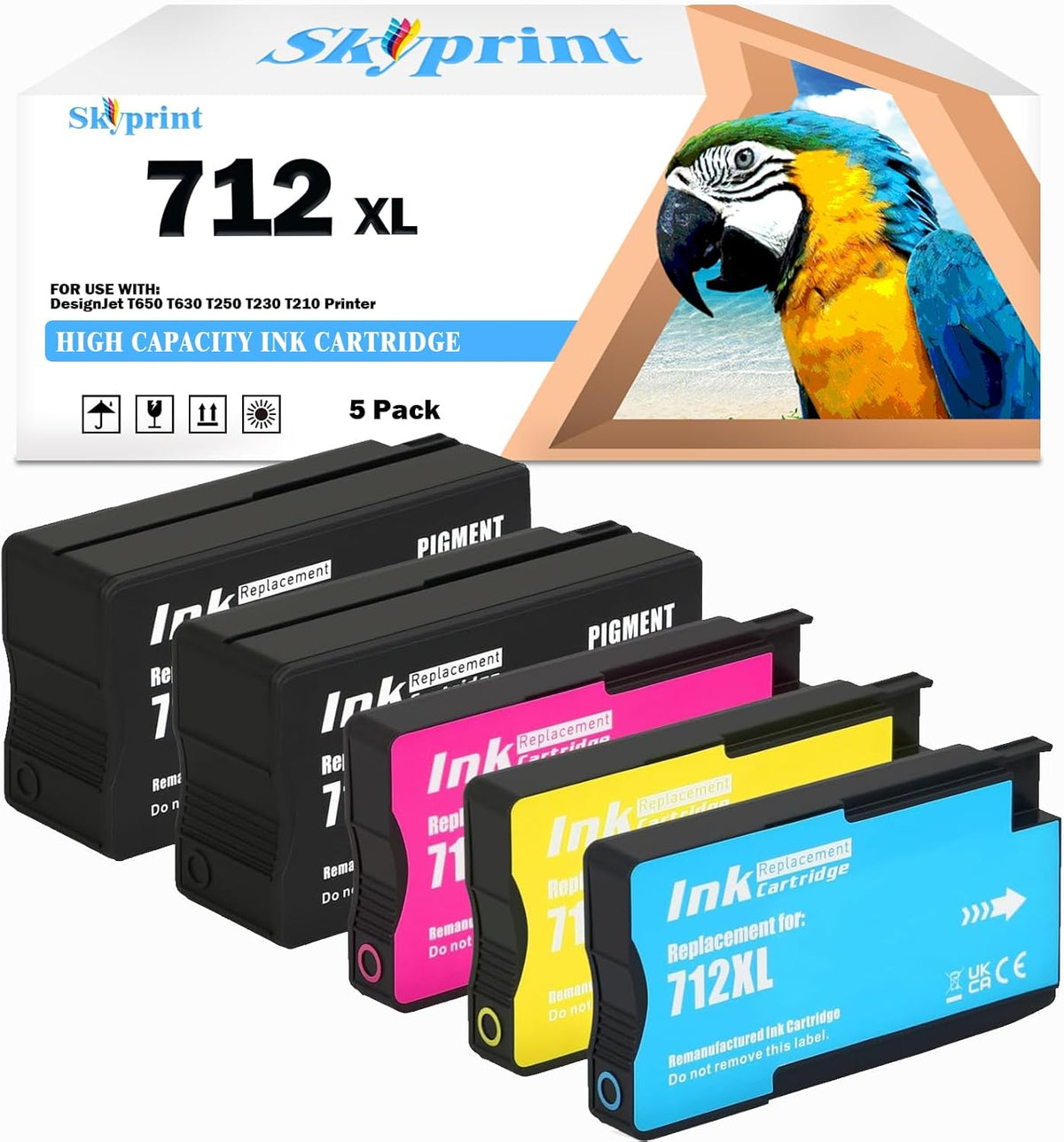 5-Pack 712 712XL Ink Cartridges Compatible with DesignJet T650 T630 T250 T230 T210 Printer Ink.80-ml 29-ml(2 Black 1 Cyan 1 Magenta 1 Yellow)